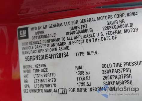 2004 Hummer H2 из США, поврежденный, VIN 5GRGN23U54H120134